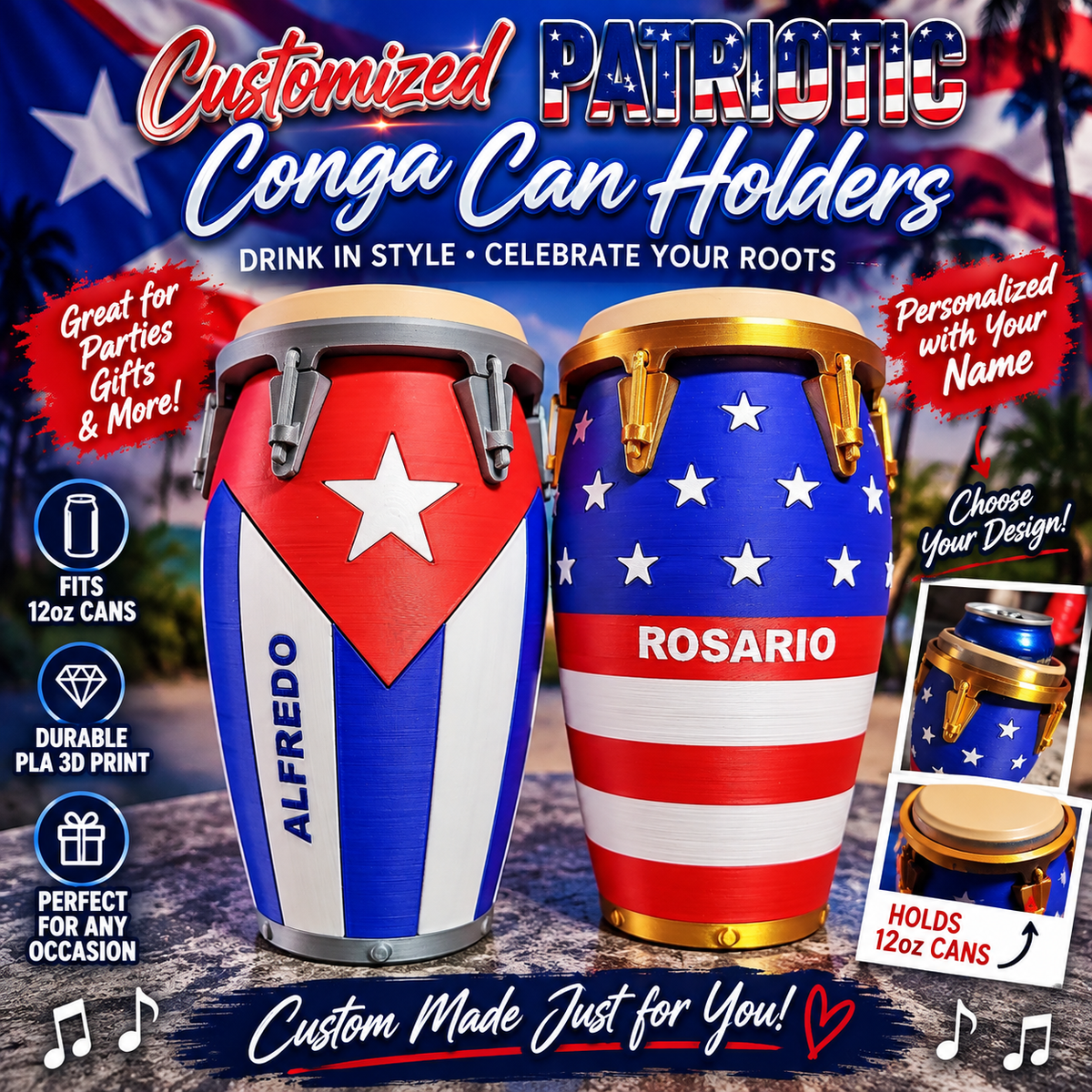 Customized Patriotic Conga Can Holder